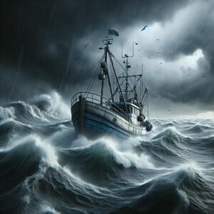 Fishing boat on stormy sea