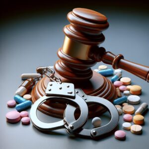 Gavel, handcuffs, and pills