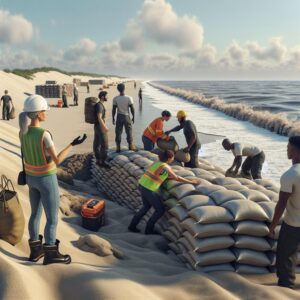 Workers replacing sandbags, Ocracoke coastline