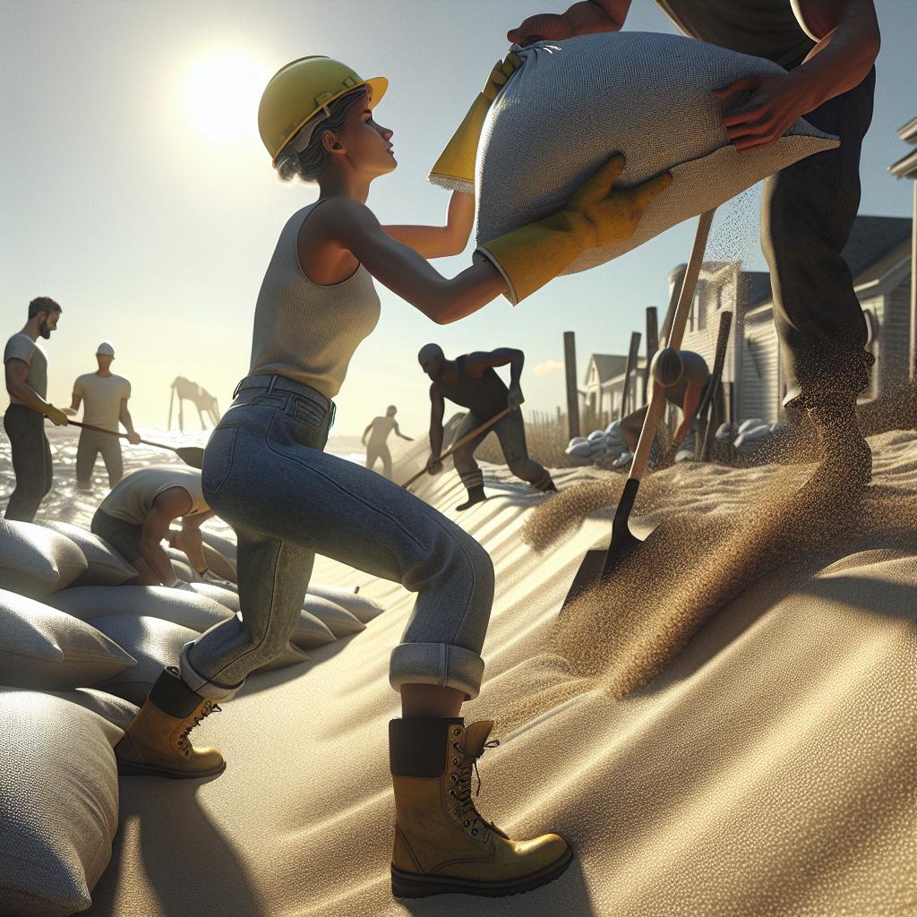 Workers replacing sandbags, Ocracoke