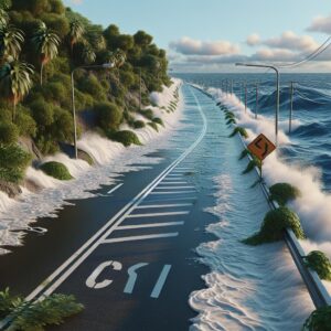 Flooded coastal highway scene