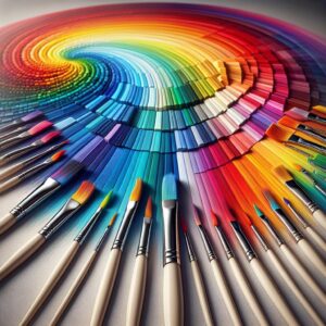 Colorful paintbrushes on rainbow canvas