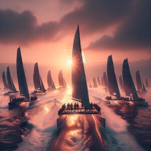 Catamaran race at sunrise