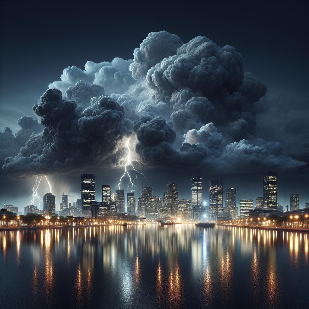 Thunderstorm approaching cityscape