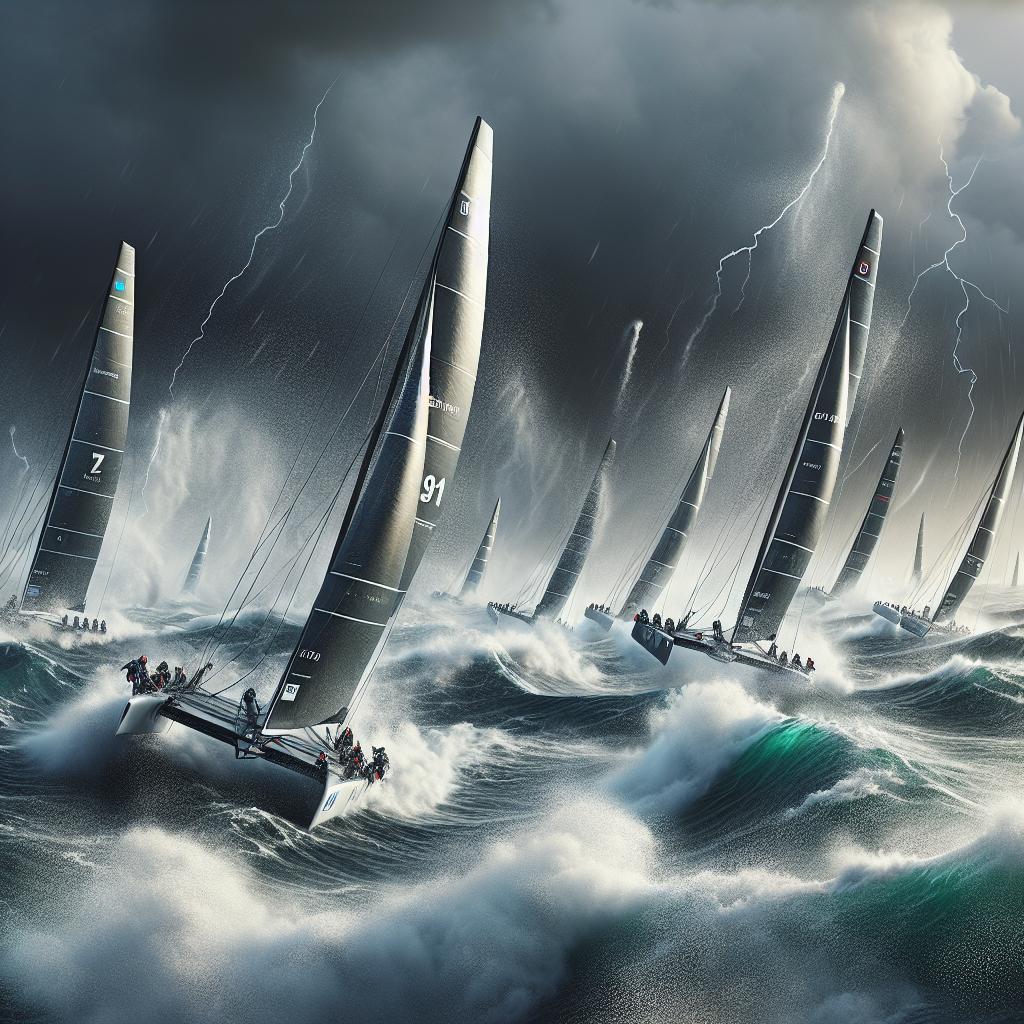 Catamarans racing in storm.