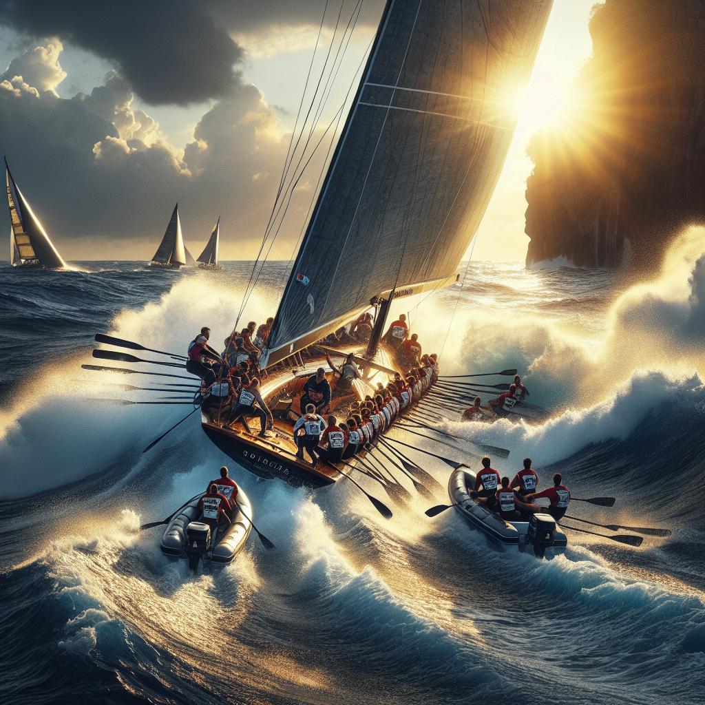 Sailors racing amidst ocean waves