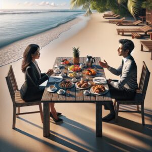 "Business breakfast at beach"