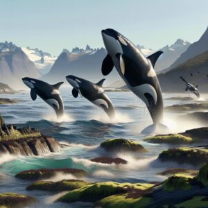 Orcas leaping near coastal shore