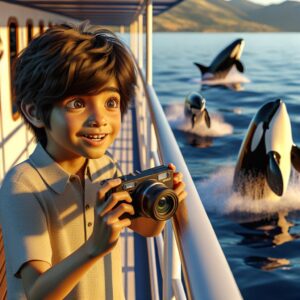 Boy photographing jumping orcas