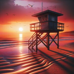 Lifeguard tower at sunset