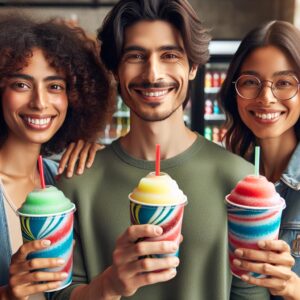 Customers holding free Slurpees