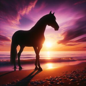 Horse silhouette against beach sunset