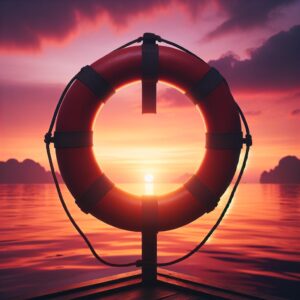 Silhouette of a lifebuoy at sunset