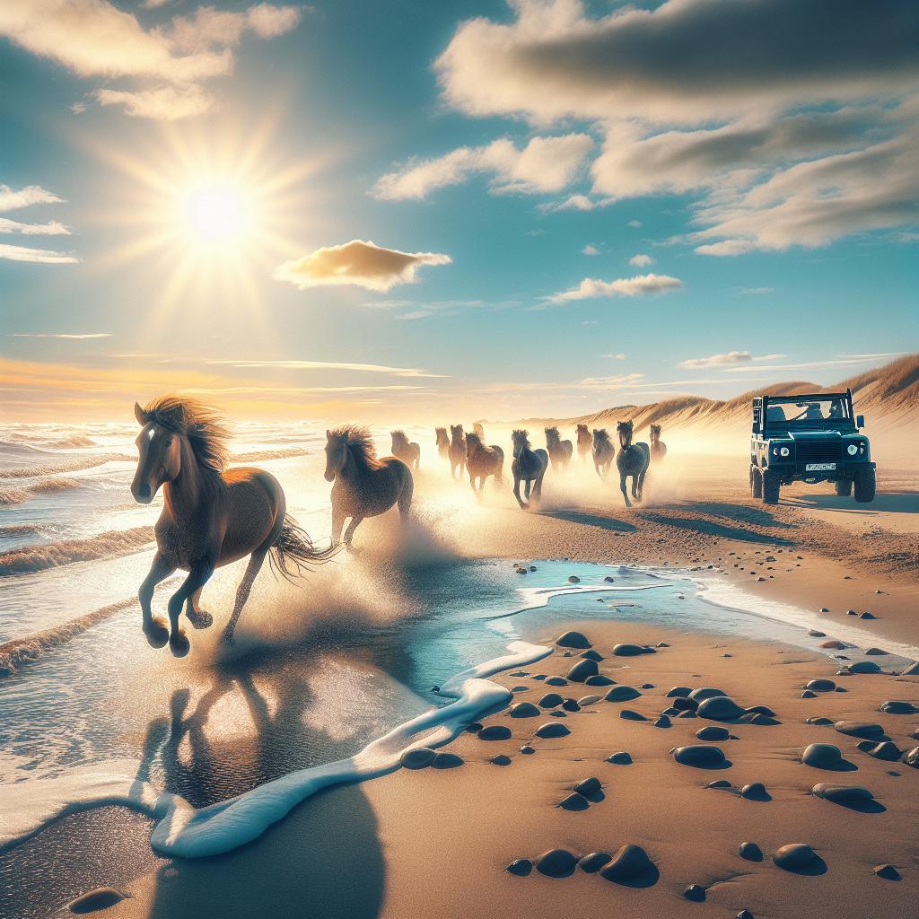 Wild horses on beach, UTV in distance