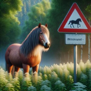 Wild horse near traffic sign