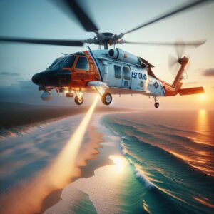 Coast Guard helicopter searching beach