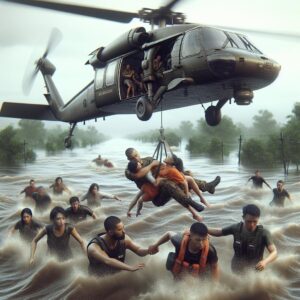 Helicopter rescuing flood victims