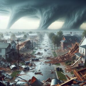 Tornado destruction and flash flood