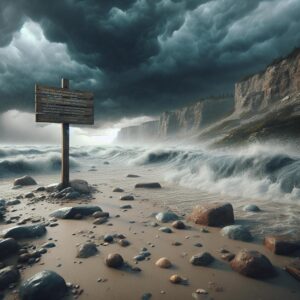 Stormy beach with signage