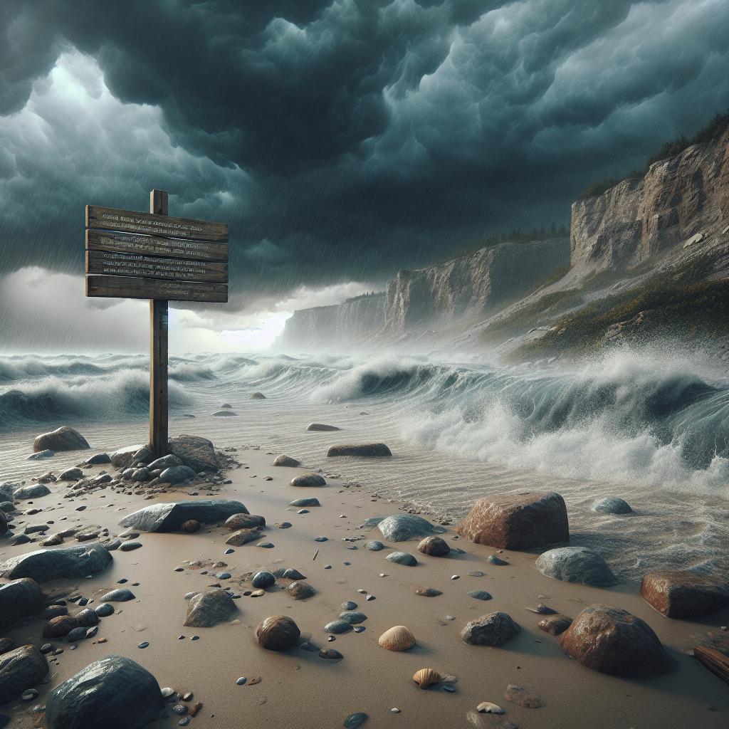 Stormy beach with signage