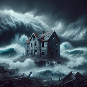 Collapsing house amidst stormy sea