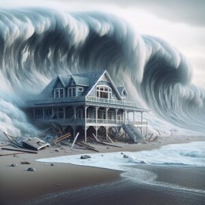 Collapsed beach house waves