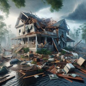 Hurricane-induced house collapse scene