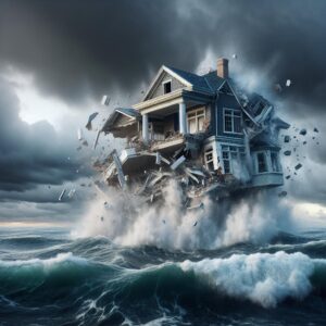 House collapsing into stormy sea