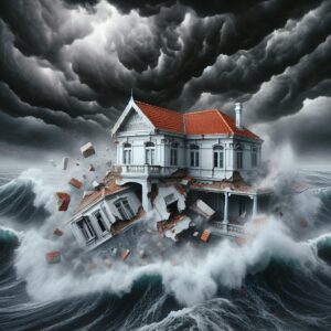 House crumbling into stormy sea