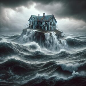 House crumbling into ocean