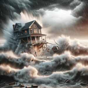 Collapsing house amidst hurricane waves