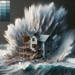 Crumbled house amidst hurricane waves