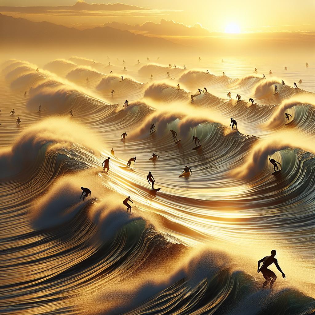 Surfers competing at sunrise