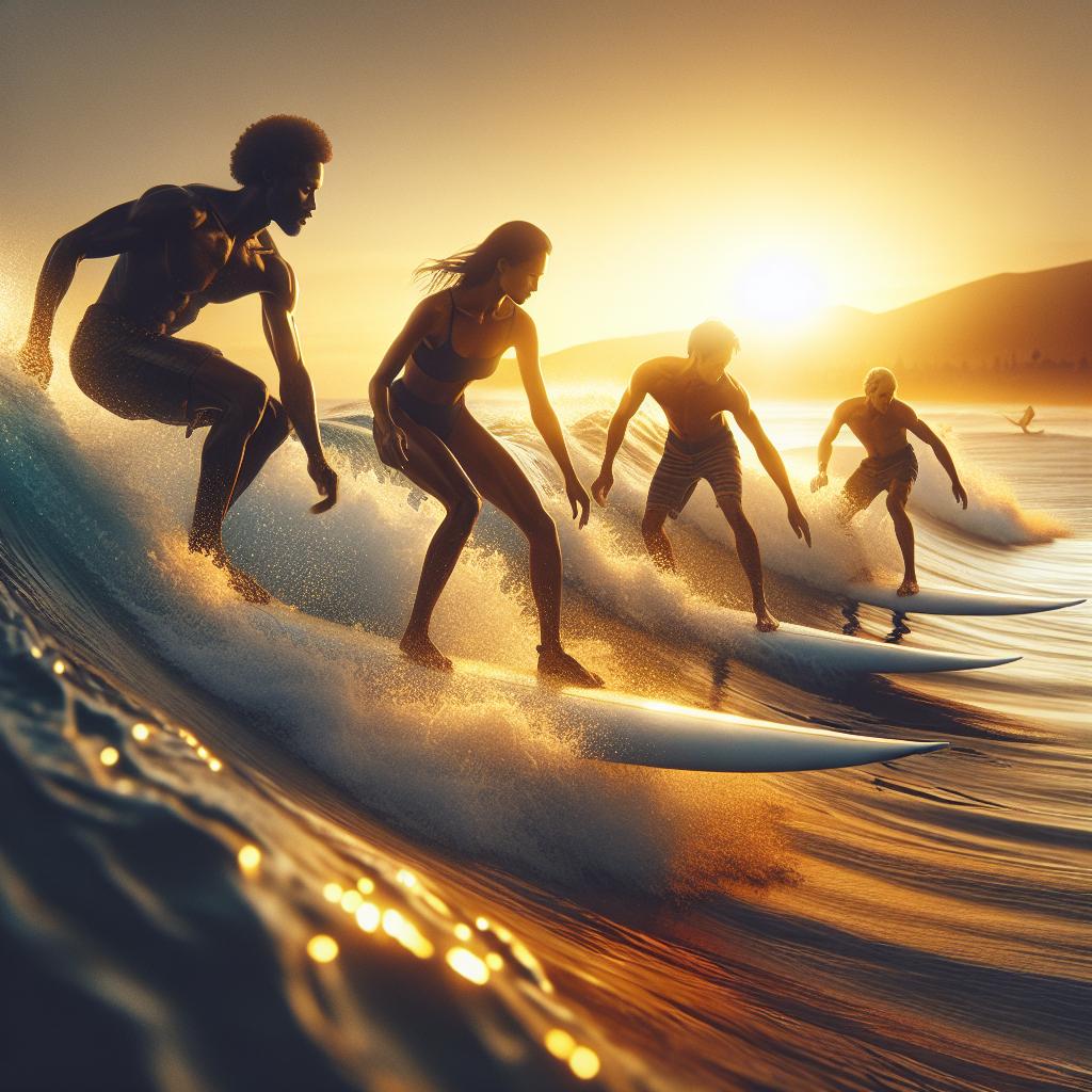 Surfers competing at sunset