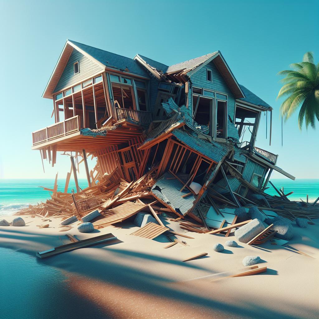 Collapsed house on beach