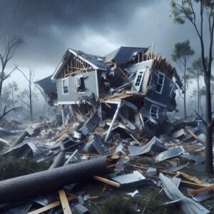 Collapsed house amidst hurricane aftermath