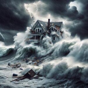 Collapsed house amid hurricane waves