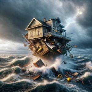 House floating amid ocean debris