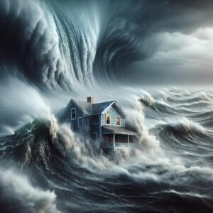 Collapsed house amidst hurricane waves