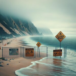 Closed beach with warning signs