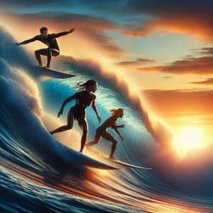 Surfers Riding Perfect Waves