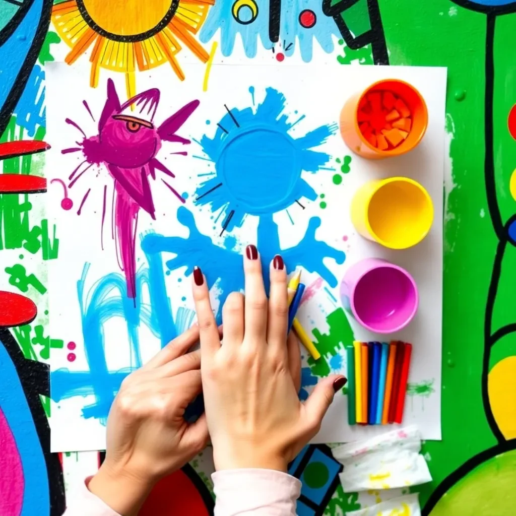 Colorful art supplies and hands creating a mural.