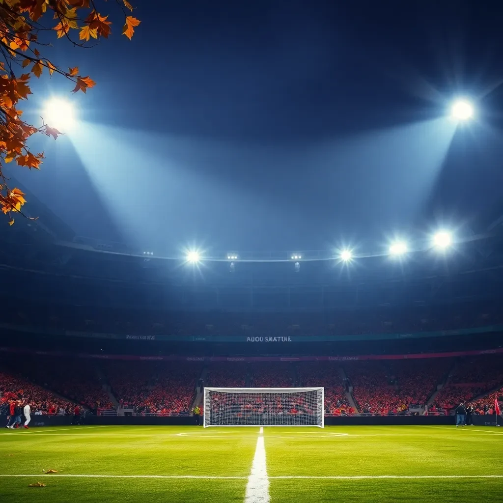 Football field under stadium lights with autumn leaves.