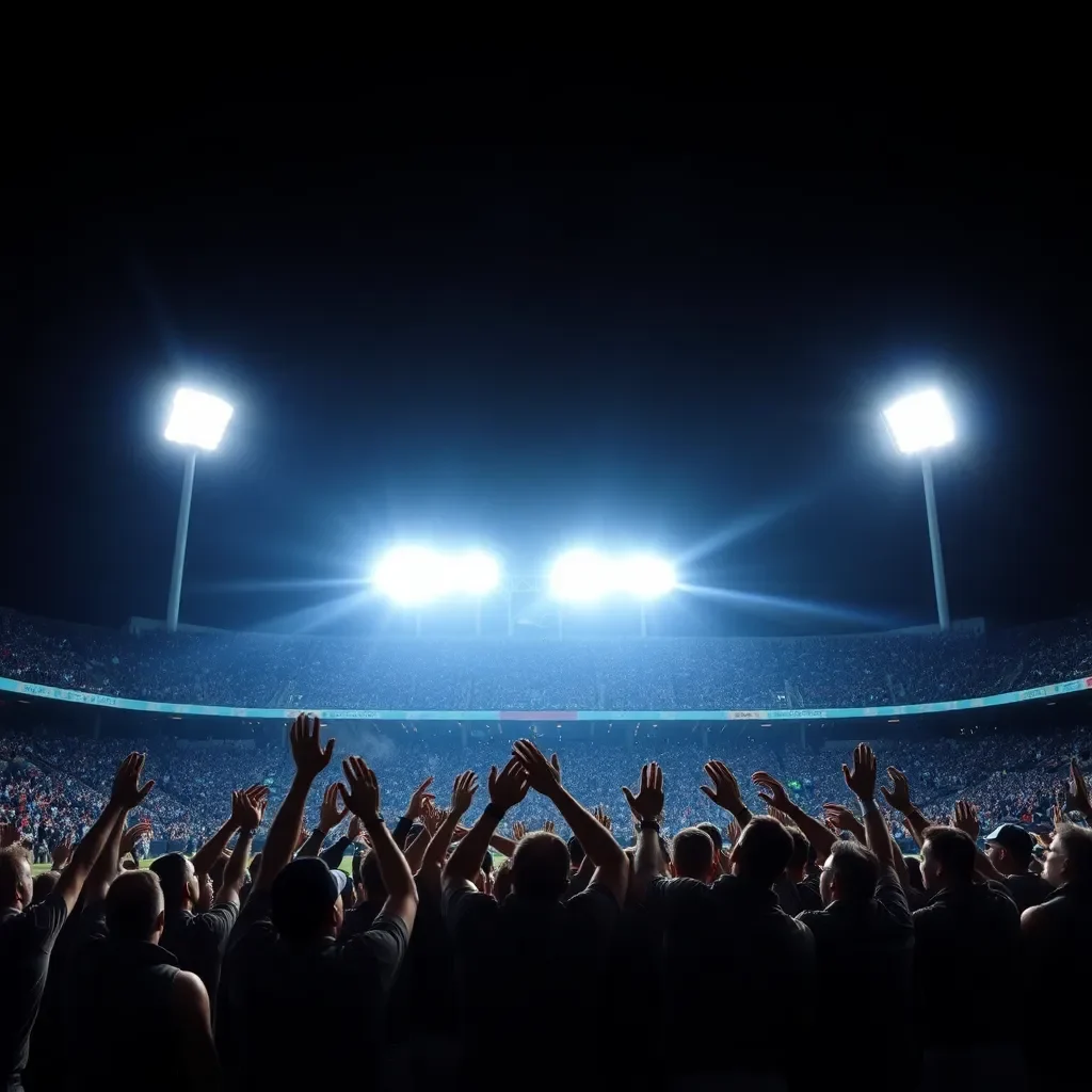 Stadium lights illuminating a victorious football team.