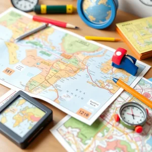 Colorful school maps and navigation tools on a desk.