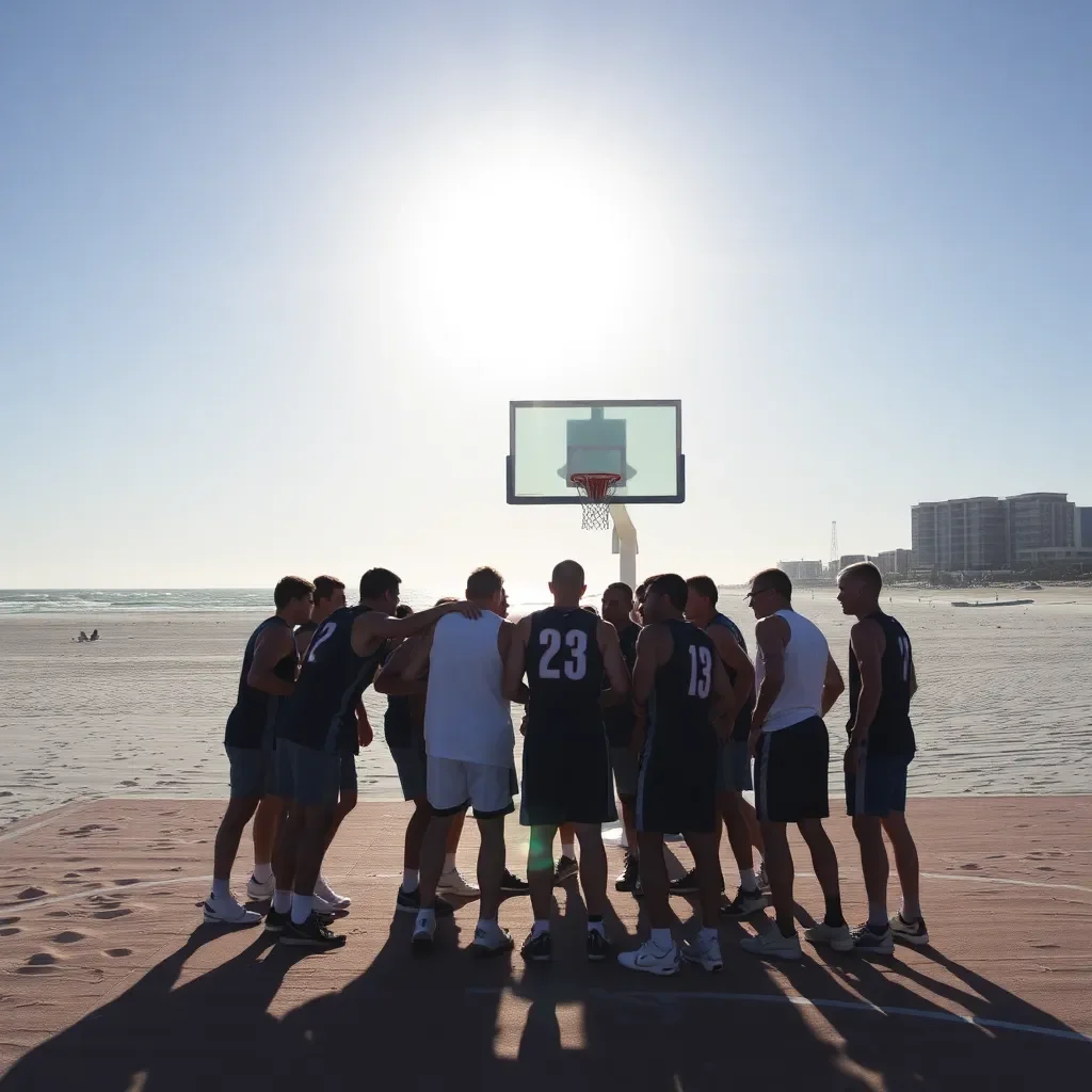 Basketball team huddle under bright Daytona Beach sun.