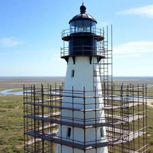 Scaffolding around Cape Hatteras Lighthouse during restoration