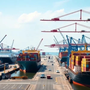 Construction activity at Charleston's Port with cranes and cargo ships.