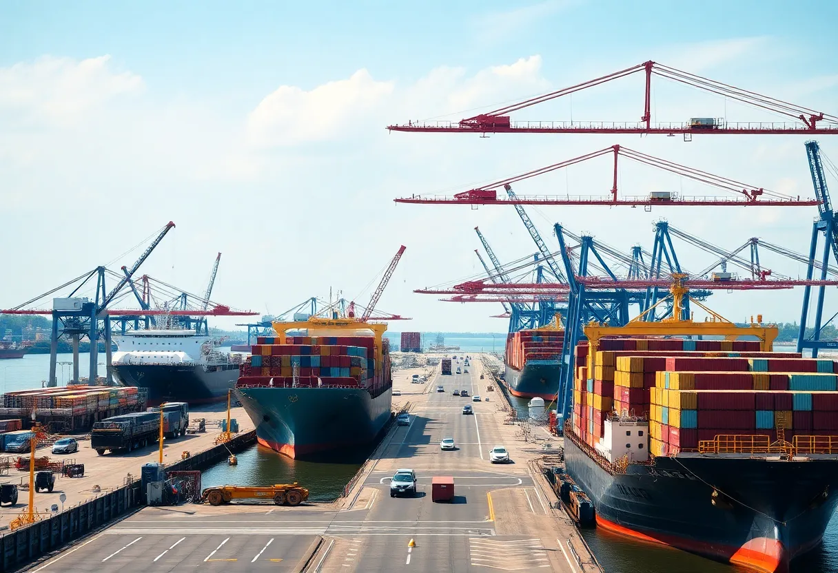 Construction activity at Charleston's Port with cranes and cargo ships.