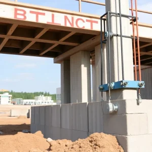 Construction workers installing post-installed connections in structural elements.